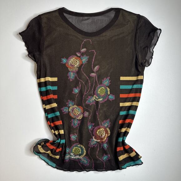 Brown Sheer Mesh Beaded Floral Embroidered Striped Y2K Boho Festival Top S - Picture 4 of 11